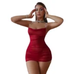 فستان أحمر مش (Mesh) بحمالات كريستال